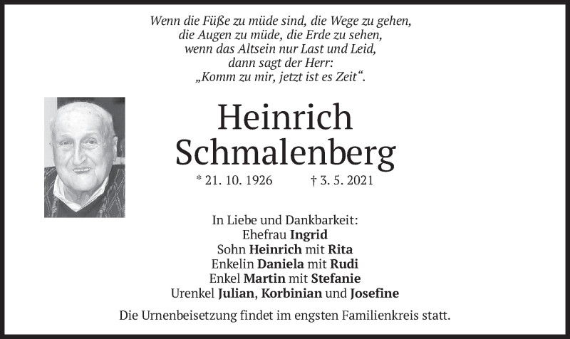 Traueranzeige für Heinrich Schmalenberg vom 05.05.2021 aus merkurtz