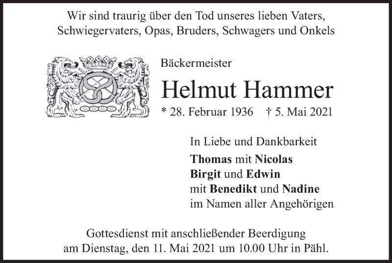  Traueranzeige für Helmut Hammer vom 08.05.2021 aus merkurtz