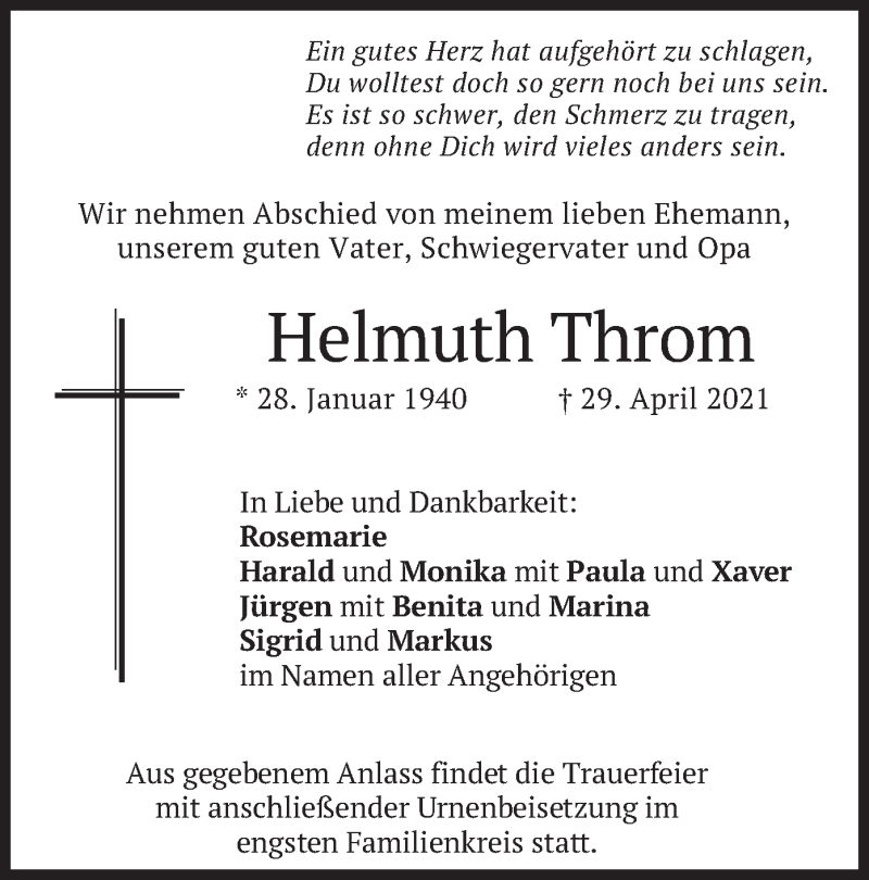  Traueranzeige für Helmuth Throm vom 06.05.2021 aus merkurtz