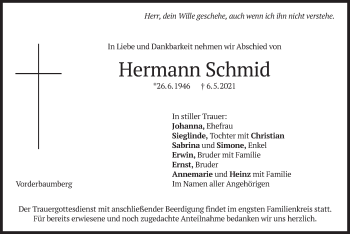 Traueranzeige von Hermann Schmid von merkurtz