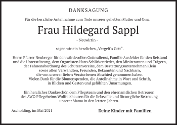 Traueranzeige von Hildegard Sappl von merkurtz
