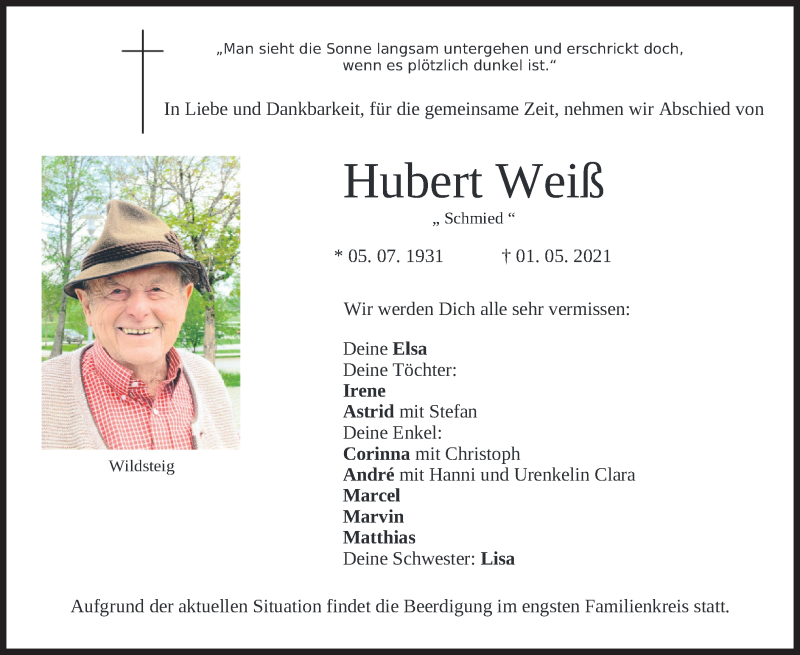  Traueranzeige für Hubert Weiß vom 03.05.2021 aus merkurtz