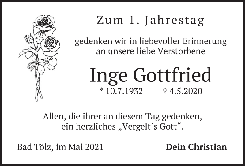  Traueranzeige für Inge Gottfried vom 04.05.2021 aus merkurtz