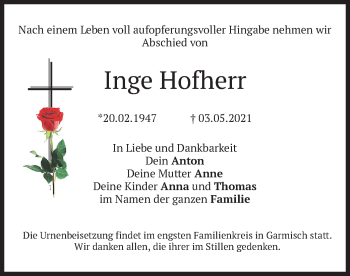 Traueranzeige von Inge Hofherr von merkurtz