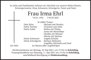 Traueranzeige von Irma Ehrl von merkurtz