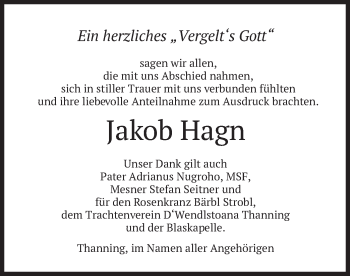 Traueranzeige von Jakob Hagn von merkurtz