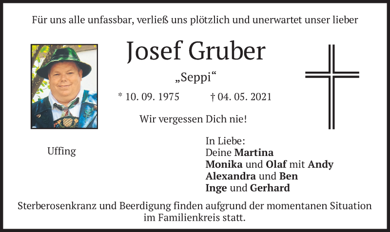 Traueranzeige für Josef Gruber vom 06.05.2021 aus merkurtz