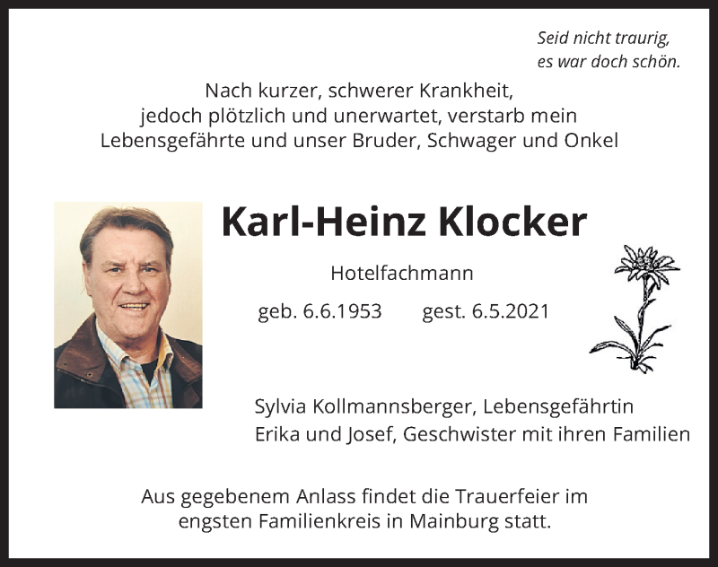  Traueranzeige für Karl-Heinz Klocker vom 08.05.2021 aus merkurtz