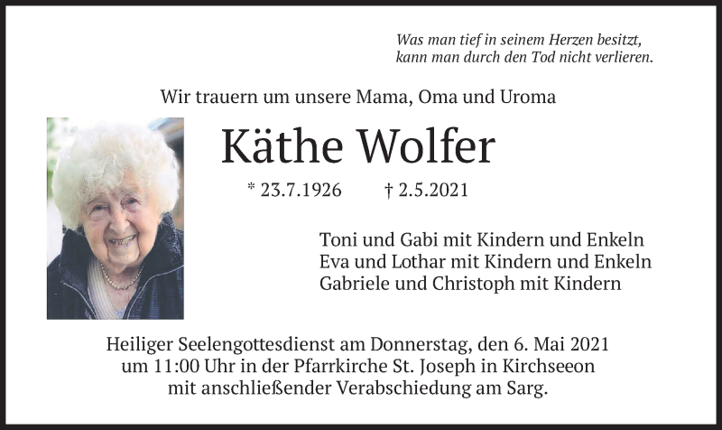  Traueranzeige für Käthe Wolfer vom 04.05.2021 aus merkurtz