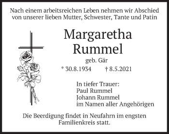 Traueranzeige von Margaretha Rummel von merkurtz
