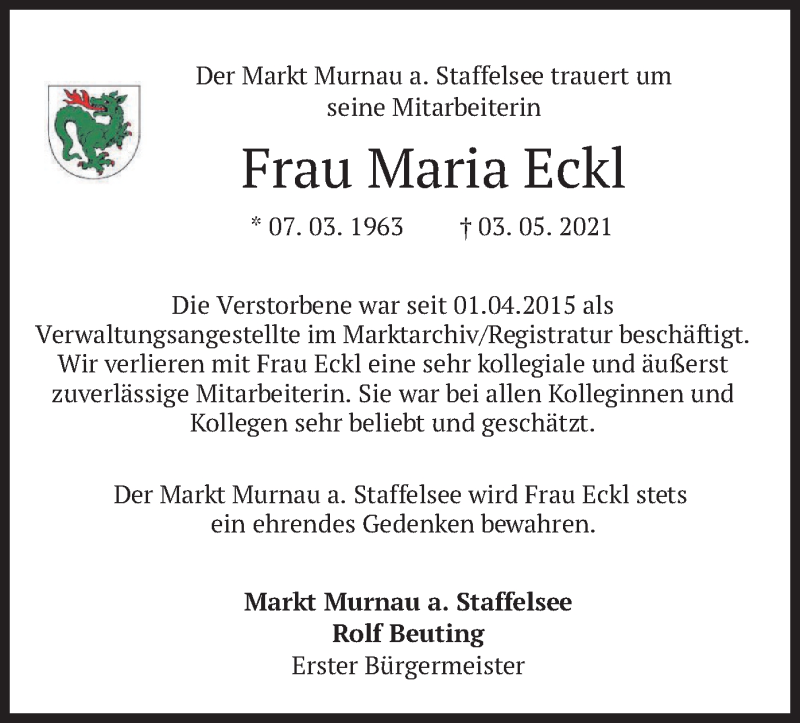  Traueranzeige für Maria Eckl vom 07.05.2021 aus merkurtz