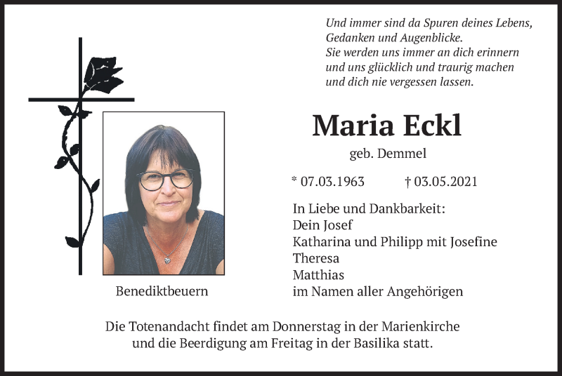  Traueranzeige für Maria Eckl vom 06.05.2021 aus merkurtz
