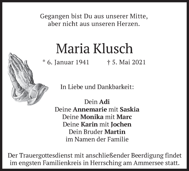  Traueranzeige für Maria Klusch vom 08.05.2021 aus merkurtz