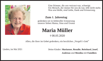 Traueranzeige von Maria Müller von merkurtz