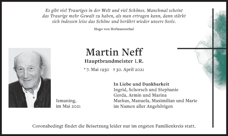  Traueranzeige für Martin Neff vom 04.05.2021 aus merkurtz