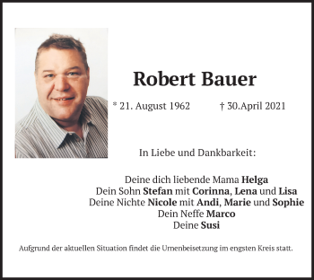 Traueranzeige von Robert Bauer von merkurtz