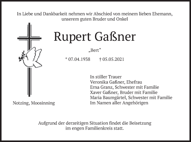  Traueranzeige für Rupert Gaßner vom 10.05.2021 aus merkurtz