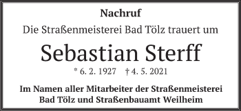 Traueranzeige von Sebastian Sterff von merkurtz