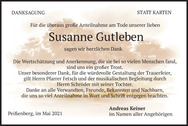  Traueranzeige für Susanne Gutleben vom 08.05.2021 aus merkurtz