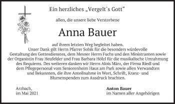 Traueranzeige von Anna Bauer von merkurtz