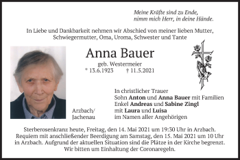 Traueranzeige von Anna Bauer von merkurtz