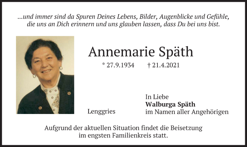  Traueranzeige für Annemarie Späth vom 11.05.2021 aus merkurtz