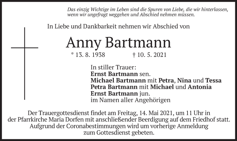 Traueranzeige für Anny Bartmann vom 12.05.2021 aus merkurtz