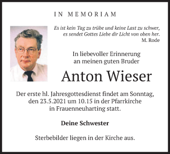 Traueranzeige von Anton Wieser von merkurtz