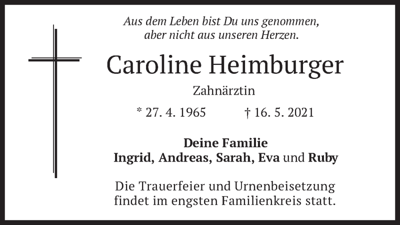  Traueranzeige für Caroline Heimburger vom 22.05.2021 aus merkurtz
