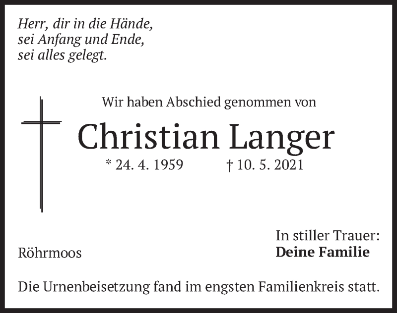  Traueranzeige für Christian Langer vom 25.05.2021 aus merkurtz