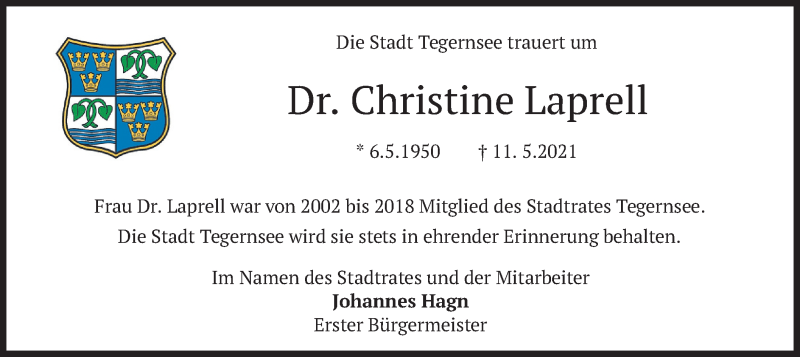  Traueranzeige für Christine Laprell vom 18.05.2021 aus merkurtz