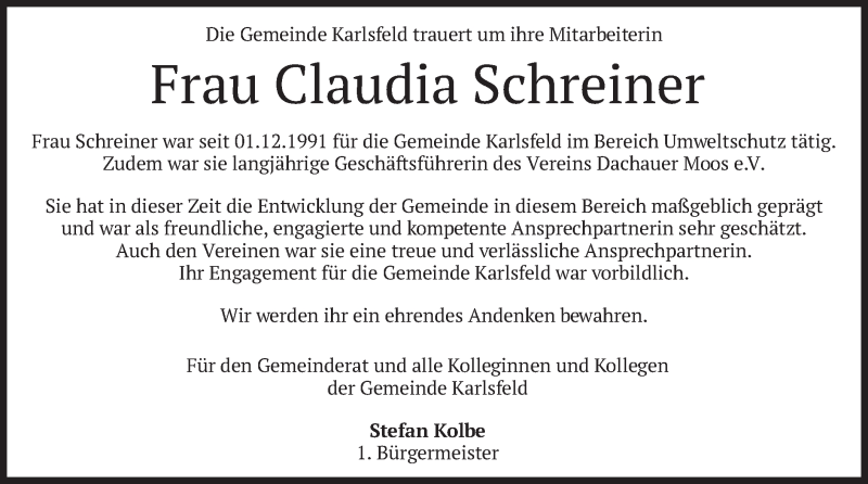  Traueranzeige für Claudia Schreiner vom 20.05.2021 aus merkurtz