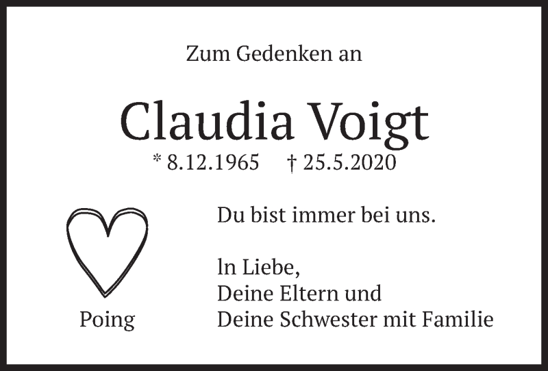  Traueranzeige für Claudia Voigt vom 25.05.2021 aus merkurtz