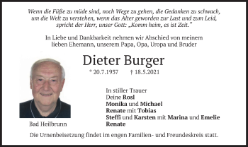 Traueranzeige von Dieter Burger von merkurtz