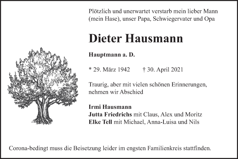  Traueranzeige für Dieter Hausmann vom 12.05.2021 aus merkurtz