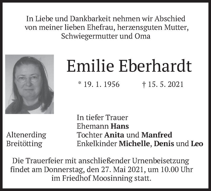  Traueranzeige für Emilie Eberhardt vom 22.05.2021 aus merkurtz