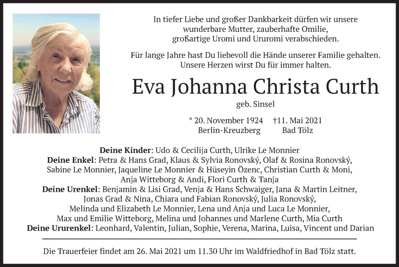  Traueranzeige für Eva Johanna Christa Curth vom 15.05.2021 aus merkurtz