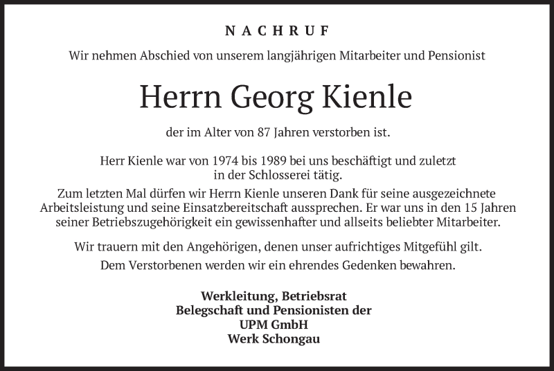  Traueranzeige für Georg Kienle vom 14.05.2021 aus merkurtz
