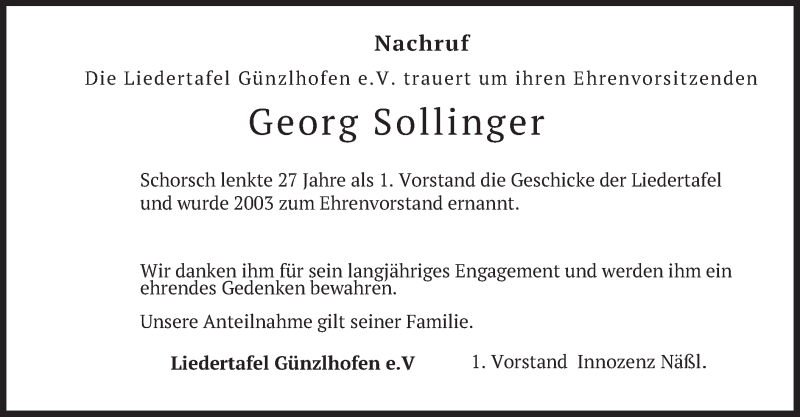  Traueranzeige für Georg Sollinger vom 29.05.2021 aus merkurtz