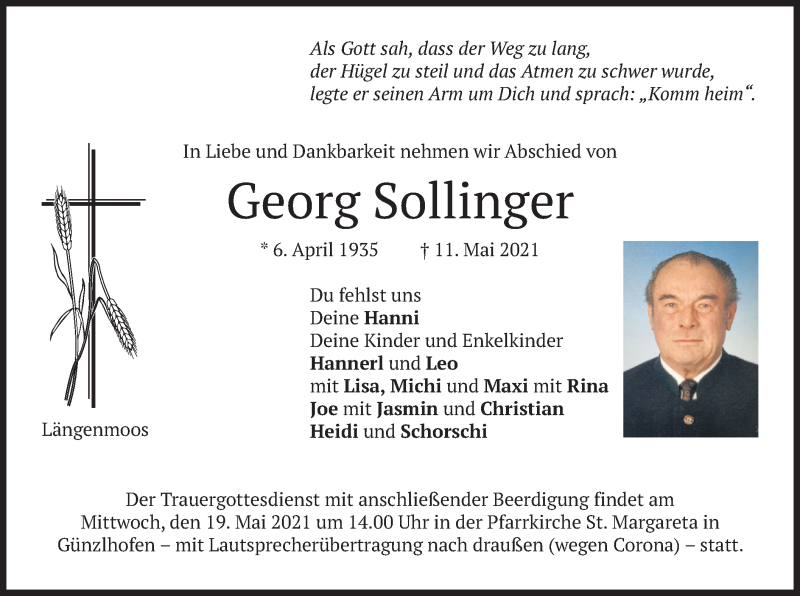  Traueranzeige für Georg Sollinger vom 15.05.2021 aus merkurtz