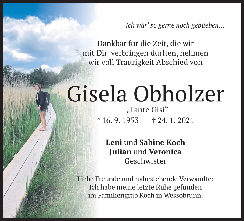  Traueranzeige für Gisela Obholzer vom 15.05.2021 aus merkurtz