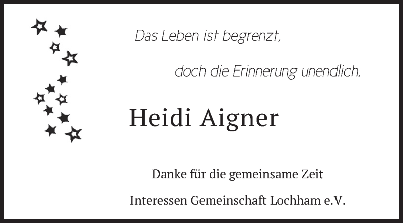  Traueranzeige für Heidi Aigner vom 14.05.2021 aus merkurtz