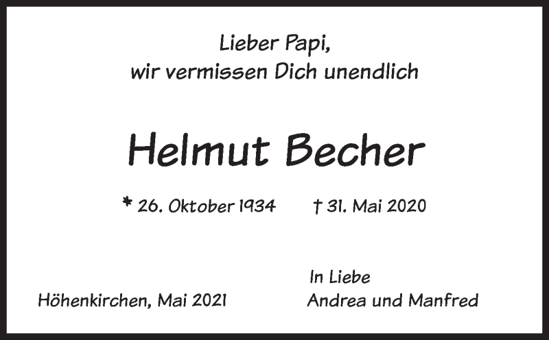  Traueranzeige für Helmut Becher vom 31.05.2021 aus merkurtz