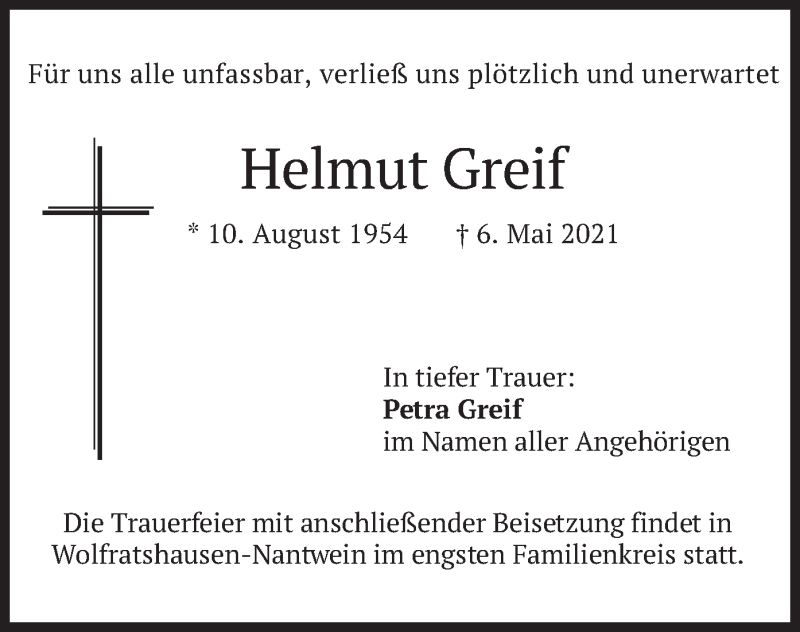  Traueranzeige für Helmut Greif vom 25.05.2021 aus merkurtz