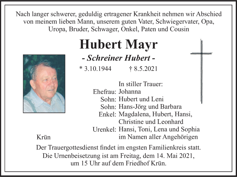  Traueranzeige für Hubert Mayr vom 11.05.2021 aus merkurtz