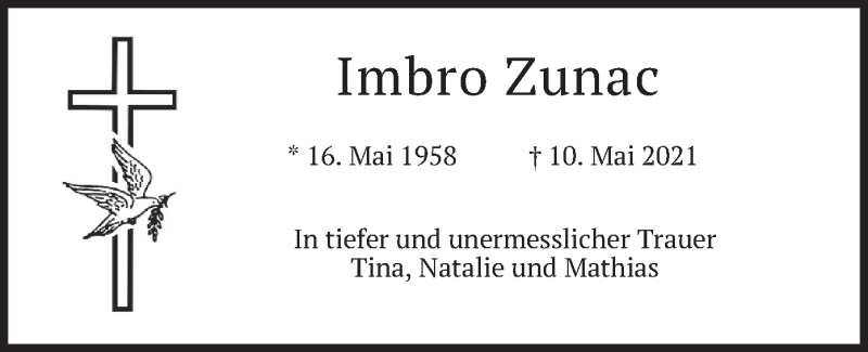  Traueranzeige für Imbro Zunac vom 22.05.2021 aus merkurtz