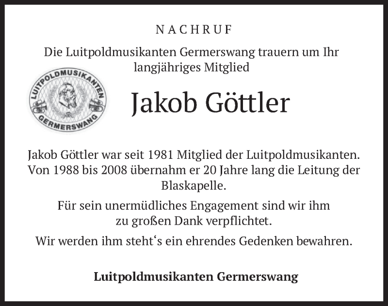  Traueranzeige für Jakob Göttler vom 12.05.2021 aus merkurtz