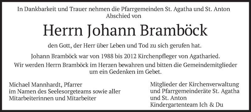  Traueranzeige für Johann Bramböck vom 12.05.2021 aus merkurtz
