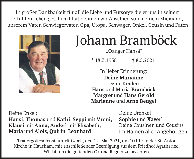  Traueranzeige für Johann Bramböck vom 11.05.2021 aus merkurtz