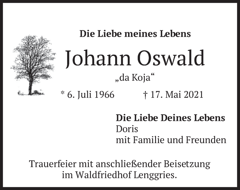  Traueranzeige für Johann Oswald vom 22.05.2021 aus merkurtz